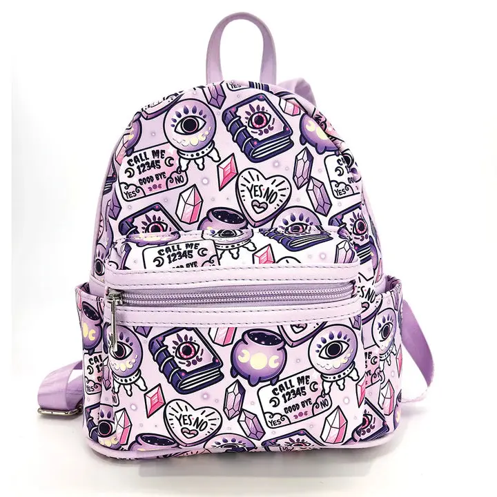 Witch-Themed Enchanted Print Faux Leather Vinyl Mini Aesthetic Backpack - 5in W x 9.5in H x 9in L, Adjustable Padded Strap, Exterior Side Slip Pockets, Multiple Pockets, Witchcraft Everyday Carry Bag for Style-Focused Modern Witches, Fantasy, Daily Use Ba