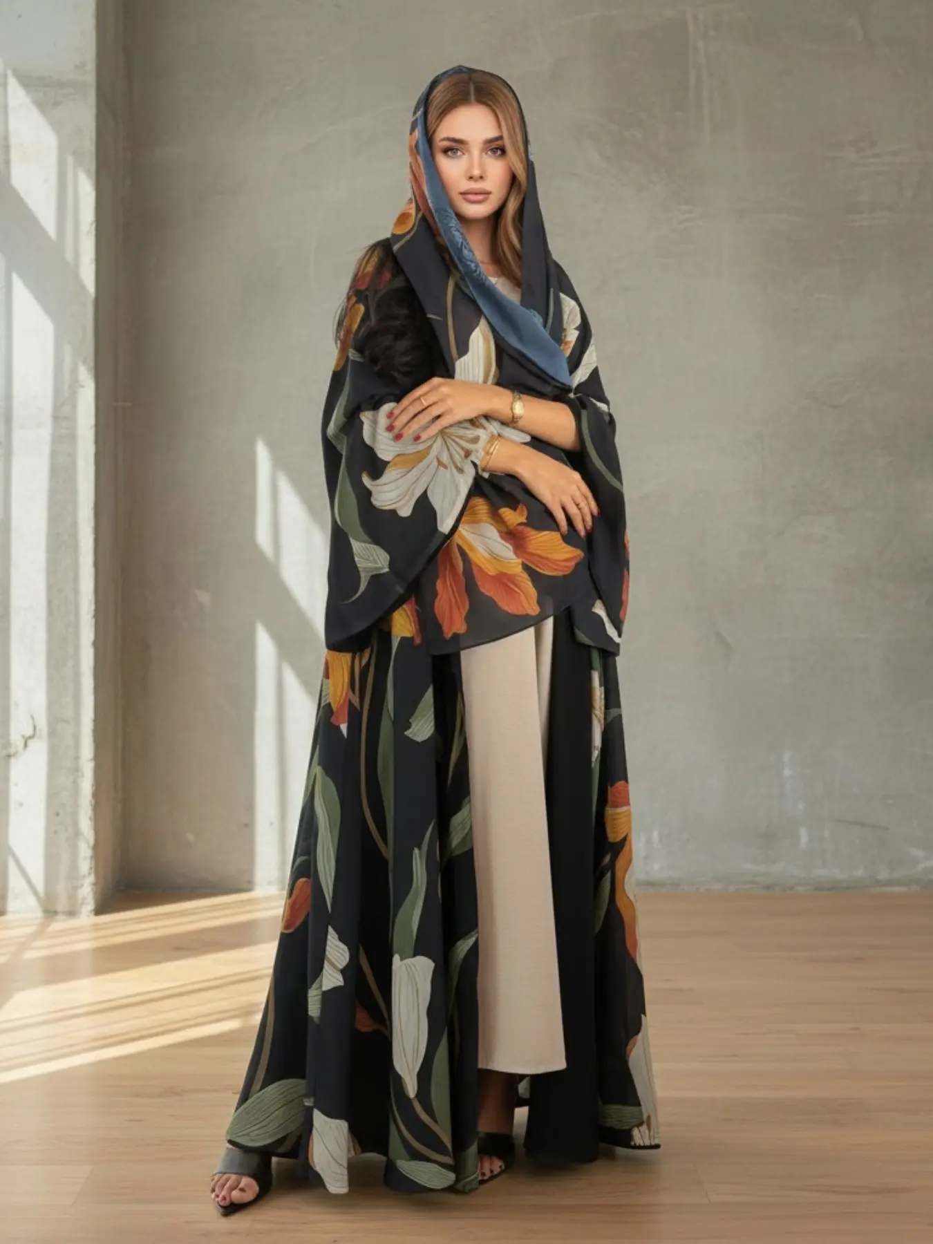 Women's Elegant Modest Islamic Two-Piece Set with Scarf, Open-Print Long Robe, Loose-Fit Woven Fabric, Abaya Dress Set, All Seasons Fashionable Clothing, Abaya Hijab Set, Modesty Abaya, Muslim Clothing, Modest Muslim Outfits