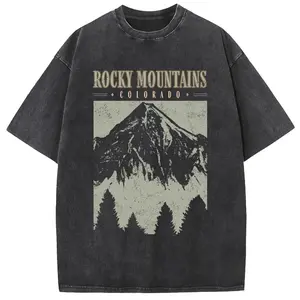 Oversize Acid Wash Vintage Mountain pattern T-Shirt Heavyweight Cotton Streetwear graphic vintage tees Menswear Crewneck Tshirt