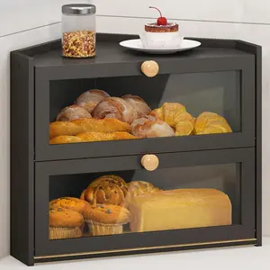 Corner Bread Box for Kitchen Countertop, Large Bread Container Storage Bamboo Wooden Farmhouse Bread Box with Window Bread Holder
