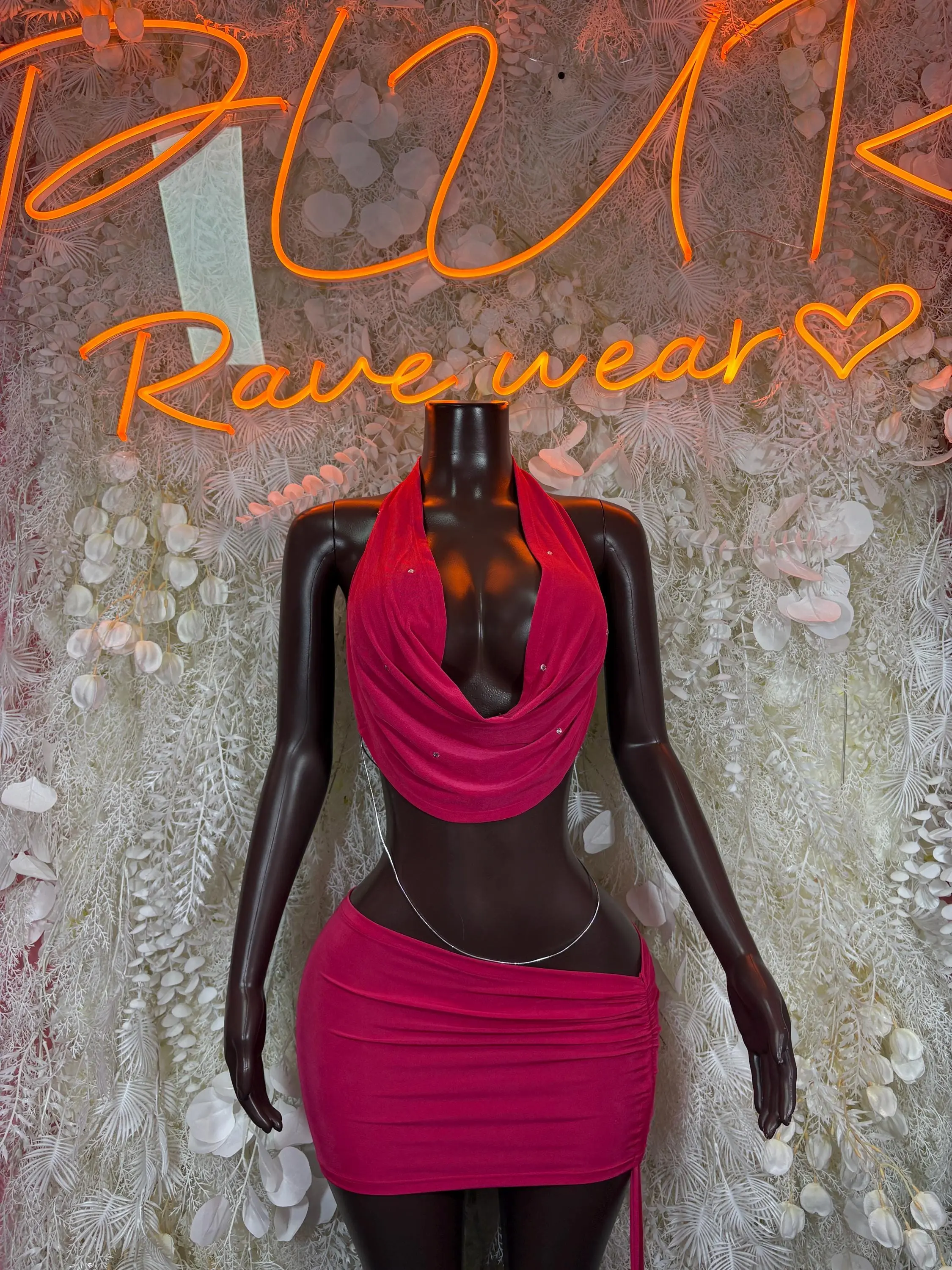 Women's 2-Piece Sexy Burgundy Cowl Rhinestone Halter Top & Ruched Short Clothes Set for Rave Festival Clubwear