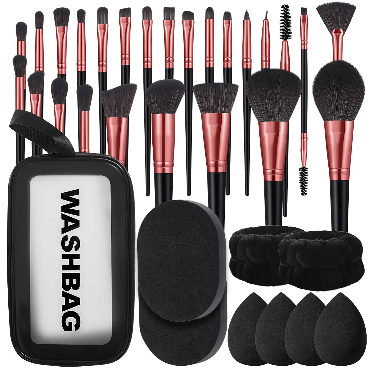 Flawless Daily Makeup Tools Set, Including Makeup Brush Set with Storage Bag, Beauty Sponges, Hand Bowl Straps, Facial Cleansing Sponges