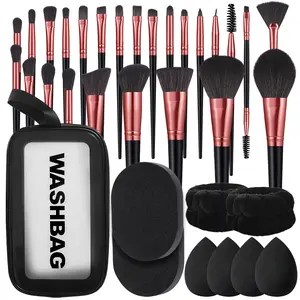 34PCS Makeup Tools Set Including:1pc Multi-Functional Zipper Toiletry And Cosmetic Bag Waterproof+25PCS Makeup Brush Set+4PCS Makeup Sponges+2PCS Hand Bowl Strap+2PCS Facial Cleansing Sponges