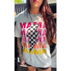 Checkered Mama Lightening Bolt Graphic Tee shirts women Summer