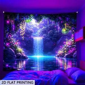 2D Flat Glow-in-the-Dark Artwork Print Tapestry, Neon UV-Reactive Enchanted Forest & Waterfall Wall Art, Colorful Light-Up Glowing Color Room Decor for Dorms & Game Rooms, Artwork Print Tapestries
