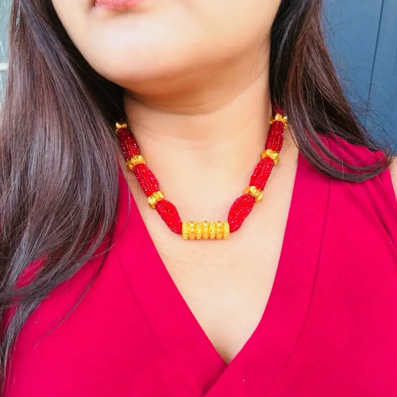 Female Ethnic Auspicious Naugedi Tilhari Choker Necklace, Gold-Tone Finish, Hydro Crystal Glass Accents for Elegant Traditional Look