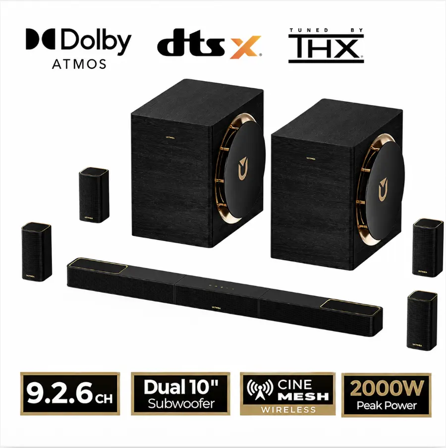 ULTIMEA Skywave X100 Dual 9.2.6 THX-Tuned Wireless Home Theater System | with Dolby Atmos & DTS:X, Dual 10” Subwoofers, 18Hz Low Frequency, 2000W Peak Power, 8K Pass-Through, AVR Grade Sound Bar