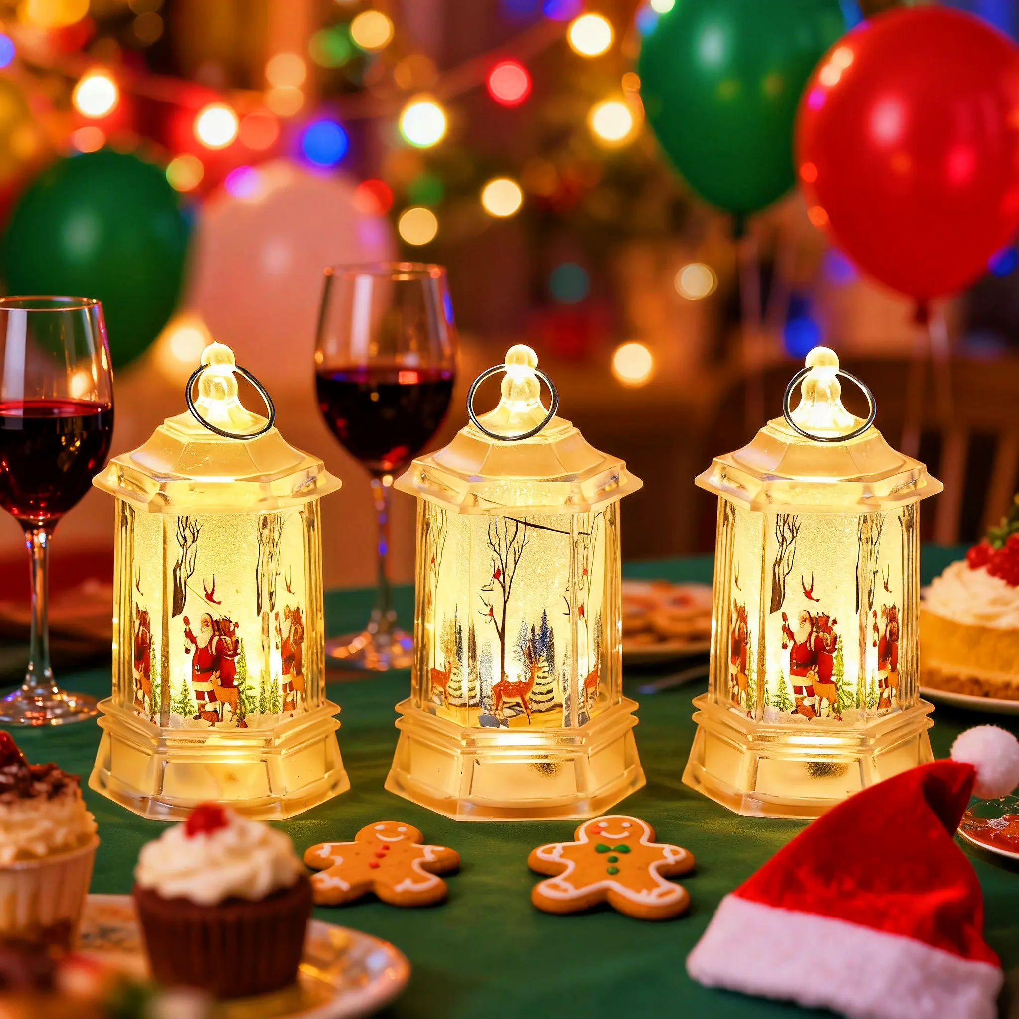 6/12-Piece Mini Vintage LED Lantern Ornaments Set, Santa-Reindeer-Snowman Motifs, Christmas Tree & Festive Display Decor for Warm Home Ambiance