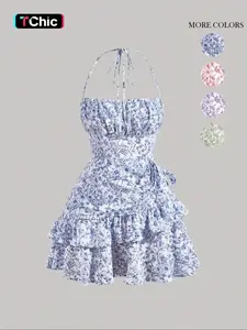 Women's Ditsy Floral Print Ruffle Trim Tie Front Tie Back Cami Dress, Boho Style Backless Tiered Layer Halter Neck Short Dress for Beach Holiday Vacation, Ladies Summer Clothes