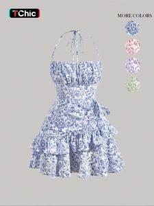 women's ditsy floral print ruffle trim vintage sleeveless cami dress, breathable bohemian backless tiered layer short sundresses, dresses for women, summer dresses, capri sun dress, downtown girl clothes, dresses for summer, womenswear, women's clothing