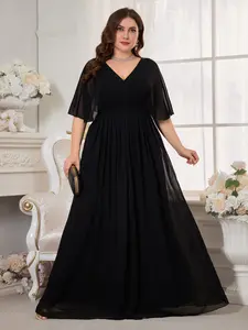 Elegant V-Neck Flared Sleeve Chiffon Fitted Waist Cinching Draped A-Line Maxi Dress, Bridesmaid Formal Gown for Special Occasions