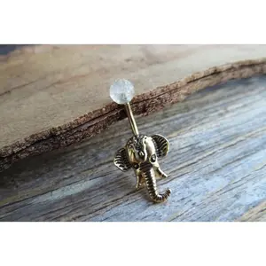 Rutile Quartz Natural Stone Elephant Ganesh Belly Ring Piercing 14g (1.6mm) Piercing