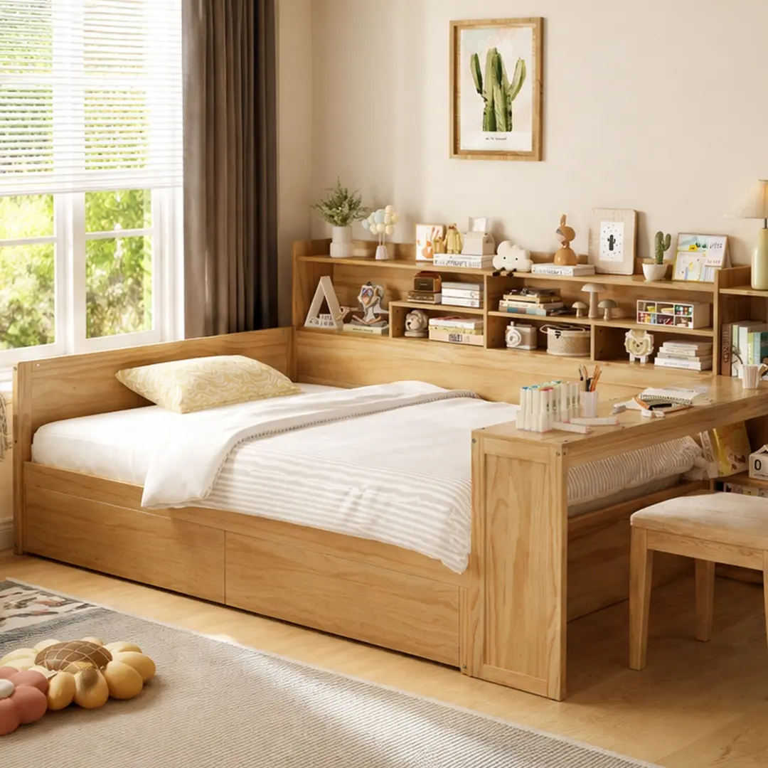 Sturdy Wood Blend Full Size Smart Multifunctional Daybed - ARCH Indoor Storage Bed Frame, Built-in Study Desk, Storage Shelves, Drawers, Wipe Clean, Space-Saving for Modern Bedroom, 91.3L x 64.9W x 44.9H in, Clean Lines Combo System Bed