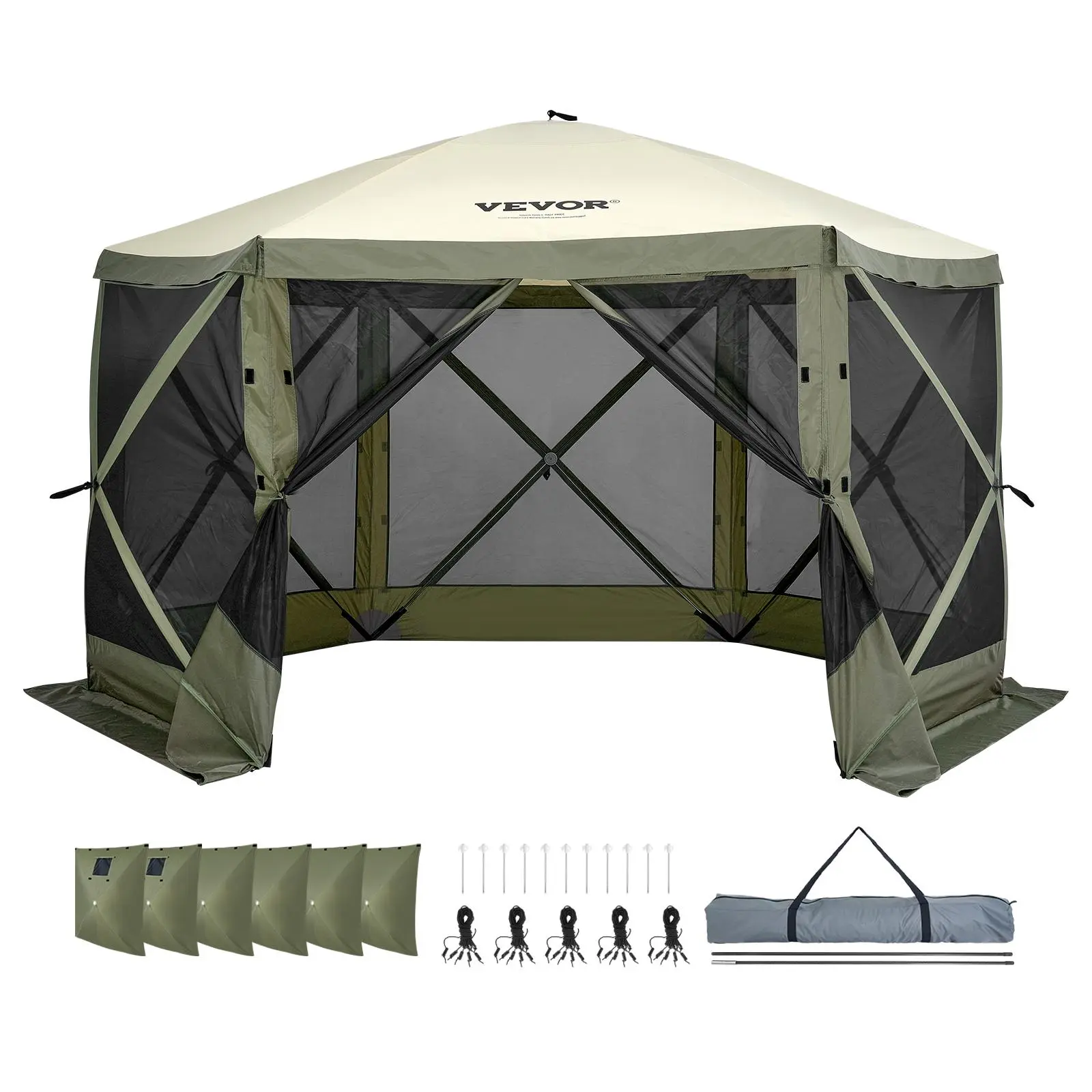 【Backtoschool】VEVOR Pop Up Gazebo Tent, Pop-Up Screen Tent 6 Sided Canopy Sun Shelter with 6 Removable Privacy Wind Cloths & Mesh Windows, 12x12FT Quick Set Screen Tent with Mosquito Netting, Army Green