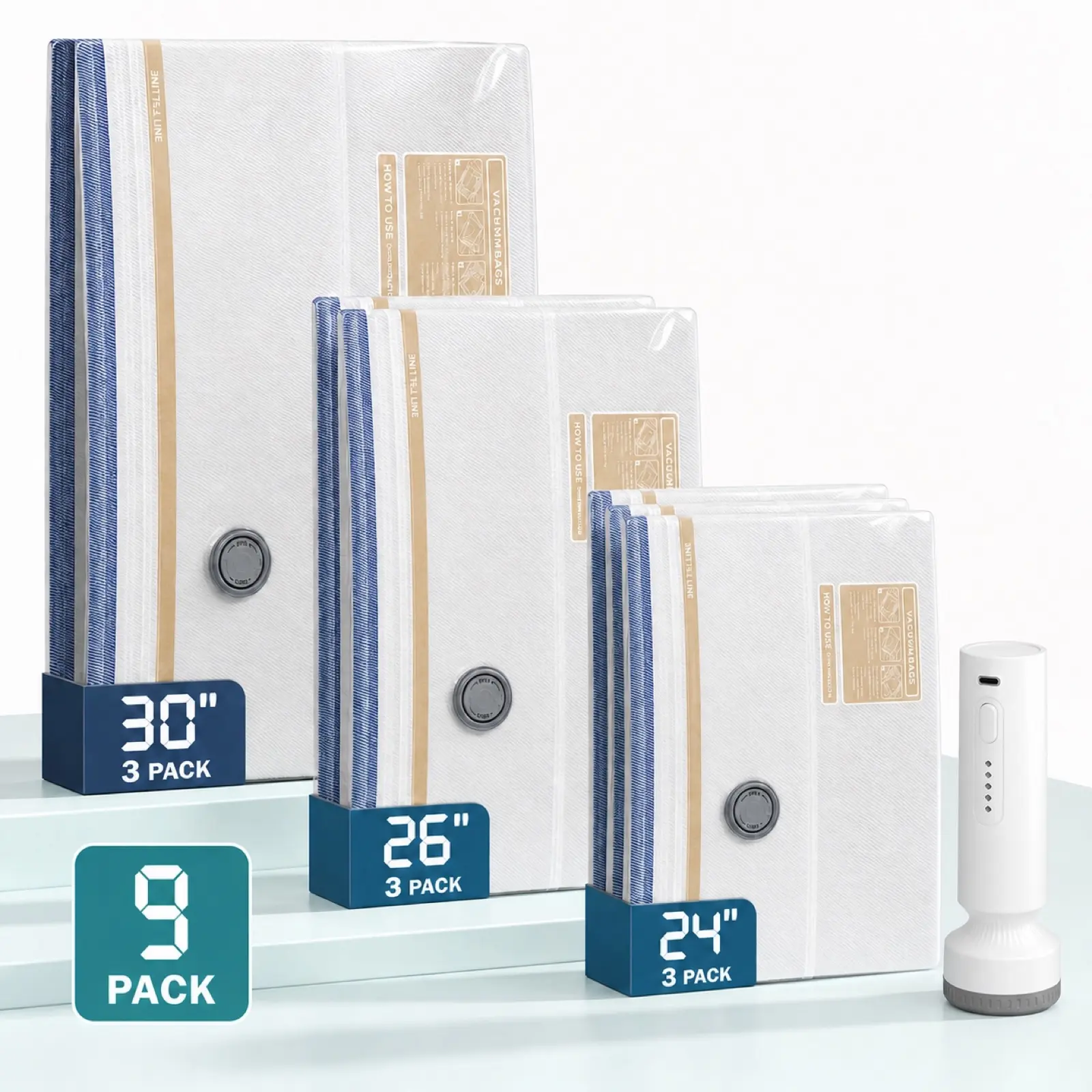 Multi-Size Cordless Compression Vacuum Seal Storage Bags Set (9 Pack) with USB Charge Rechargeable Handheld Pump, 5000Pa Suction, Space Saver for Clothes, Bedding, Travelers, Organiser