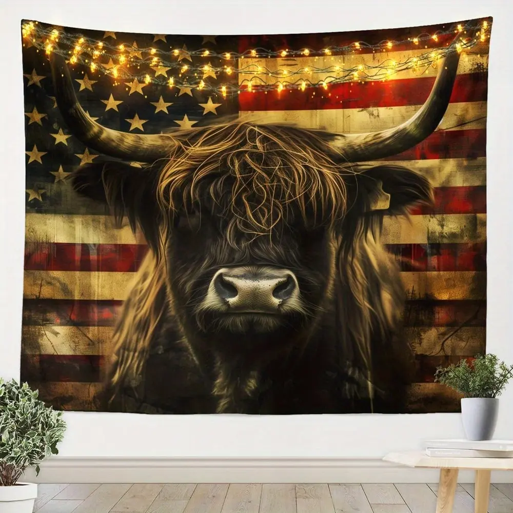 Durable Highland Cow American Flag Starry Sky Pattern Wall Tapestry - Polyester Home Decor, Rustic Western Room Art, Lightweight Indoor-Outdoor Hanging Textile Gift for Bedroom, Decoration, Wall Tapestries