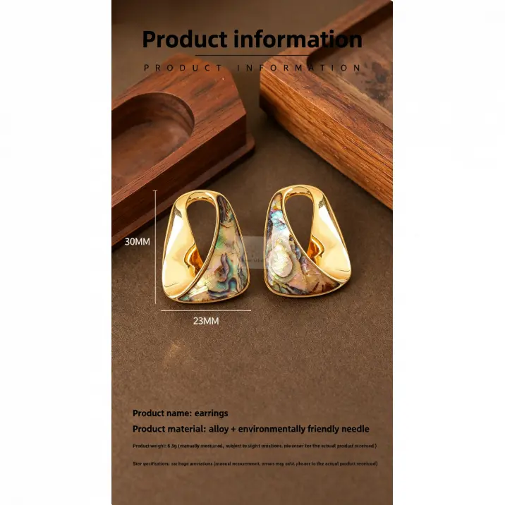 Women's Iridescent Abalone Shell Alloy Earrings - Gold Alternative Fashion Earrings, 30mm h * 23mm w, 6.3g per Pair, Artistic Design for Party Wear