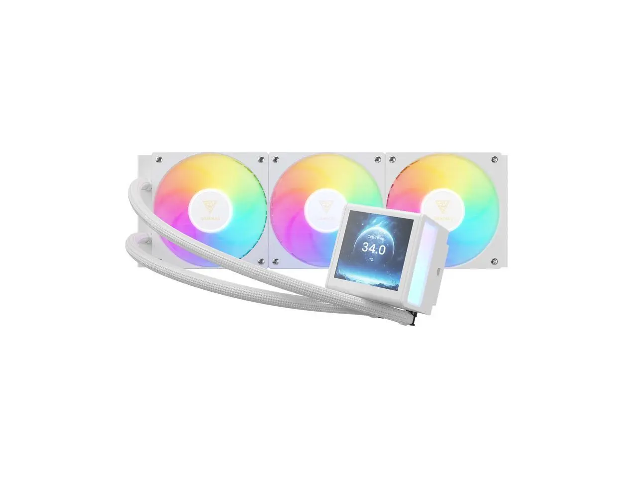 GAMDIAS CHIONE P5-360 Liquid CPU Cooler, 360mm AIO w/Customizable 3.4" IPS LCD, Rotatable Magnetic Pump, Hidden Cable Fan (Daisy-Chained), Support PWM & ARGB MB Sync, Intel LGA 1851; AMD AM5, White