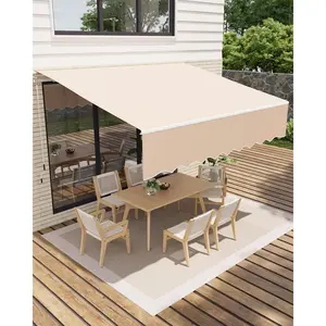 Manual Retractable Patio Awning, 280g/m² Waterproof Polyester Sun Shade, Fade & Tear Resistant with Sturdy Aluminum Frame & Crank Handle, Perfect for Deck Porch Balcony Garden Outdoor Use