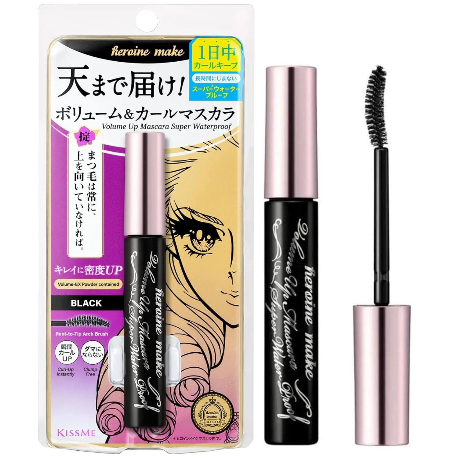 HEROINE MAKE by KISSME Volumizing Eyemakeup Mascara with Waterproof Black Curvy Brush, Defining Fiber Long-lasting False Eyelash Effect Cosmetic