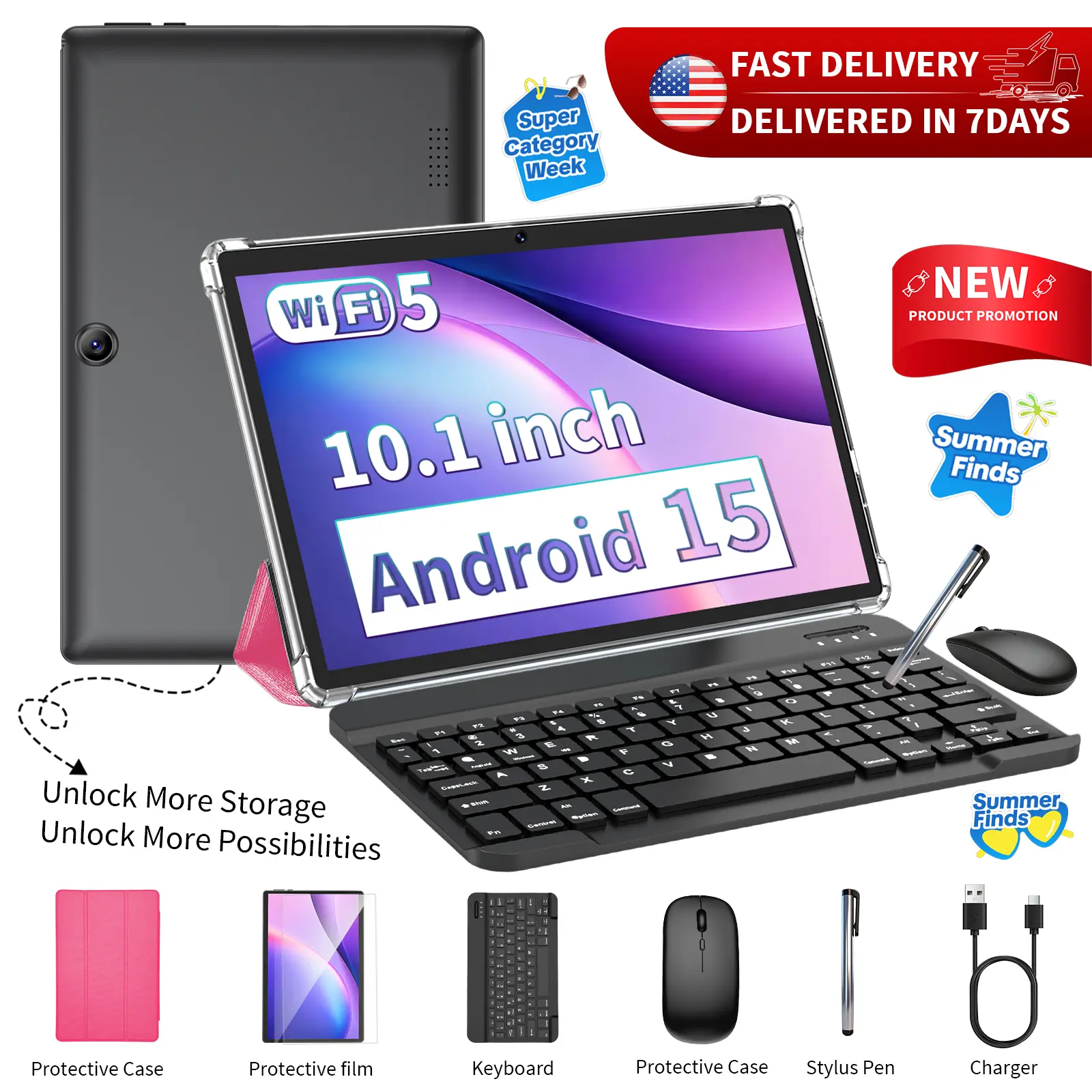 [SummerTurnUp] PYNAREL 2026 Android 15 Tablet, Complete All-in-1 Bundle with Keyboard, Mouse, Stylus & Case, Home Office & Outdoorfun summerwins ip display tiktokshopbacktoschool