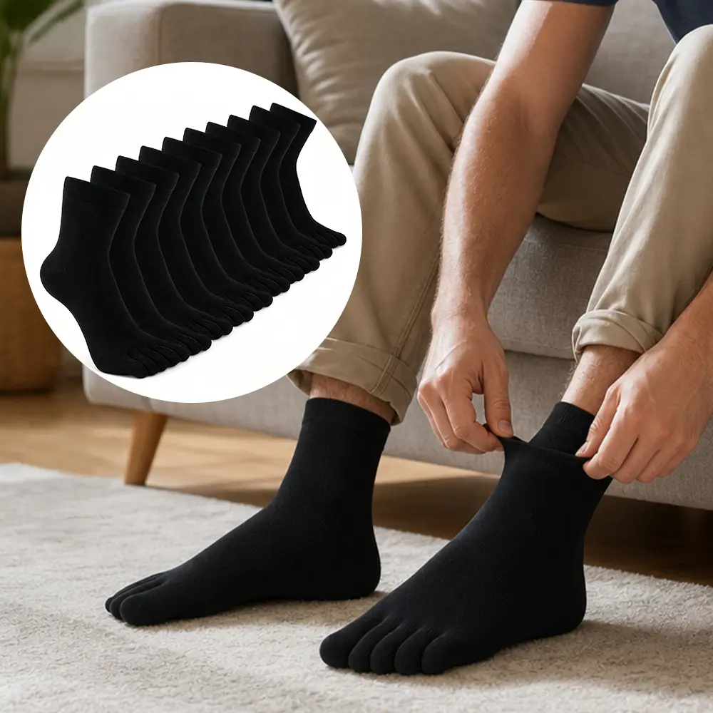 5 pairs ﻿ Solid Black Five Finger Toe Socks for Men, Soft Cotton Moisture Wicking Mid Crew Toe Separator Socks, Non-Slip Comfort Athletic Socks for Basketball Running Golf Daily Use