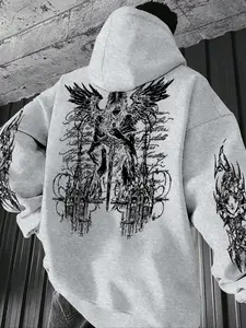 Men's Fall Winter Dark Angel Illustration Aesthetics Long Sleeve Heavy Hoodie, Graphic Hoodies, Soft Cotton Fabric, Comfortable and Warm, Casual Fitted Design, Perfect for Layering