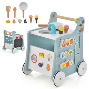 Costzon Montessori Educational Toy, Push and Pull Sit-to-Stand Learning Walker Activity Center, Wooden Baby Walker,Toddler Pretend Play Playset,Push Walker for Boys Girls