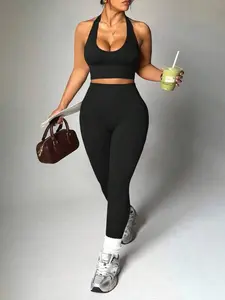 Plus Size Women's Dark Grey Solid Color Cropped Halter Neck Tank Top & High Waist Leggings Sports Set for Yoga & Studio All Seasons