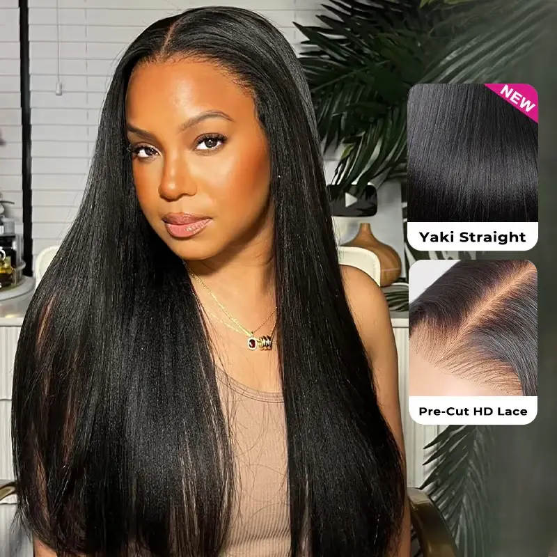 ISEE Unisex Medium Cap Human Hair Glueless Frontal Wig, 9x6 Pre-Cut HD Lace Kinky Straight Wig, Pre-Bleached Mini Knots Yaki Texture, Ideal for Girls, Summer Deal, Glueless Wig