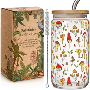 Mushroom Iced Coffee Clear Glass Cups with   and Straw Gifts for Mushroom Lovers Women Mom,  Mother Birthday Gifts for Mushrooms   Lovers Women Mom   Wife