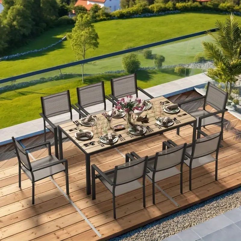9 / 7 / 5 Piece Outdoor Patio Dining Set with 1 Rectangular Patio Table & 8 Textilene Stackable Chairs, Patio Dining Furniture for 8, WPC Tabletop and All-Weather Resistant Iron Frame, Suitable for Garden, Backyard and Deck, Brown