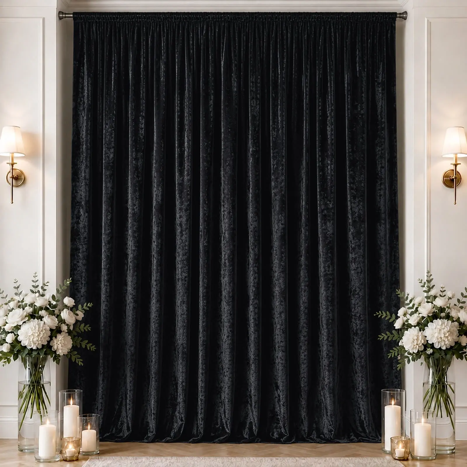 Black Premium Crushed Velvet Backdrop Curtain 10ft x 16ft – Ceiling Drape Panel & Stage Backdrop with Rod Pocket, 70% Blackout