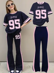 Teenage Girls' Casual Loose Vintage College Style Set Outfit, Street Fashion Digital 95 Print, Striped Color Block Round Neck Short Sleeve Tee & Flared Bell Pants, Clothes