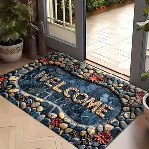 Flannel Welcome Stone Carving Design Doormat- Non-slip, Easy To Clean,, Machine Washable Rug, Suitable For Living Room, Bedroom, Kitchen, Office, And Vacation Home Decoration