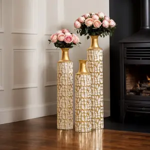 3Pcs Floor Vases, Metal Decorative Vase, Gold Large Decorative Vases, Tall Distressed Metallic Centerpiece Vases, Vintage High Vases for Twigs Dried Flowers Living Room, 32/28/24 inch modern home decor Ornaments unique home decor