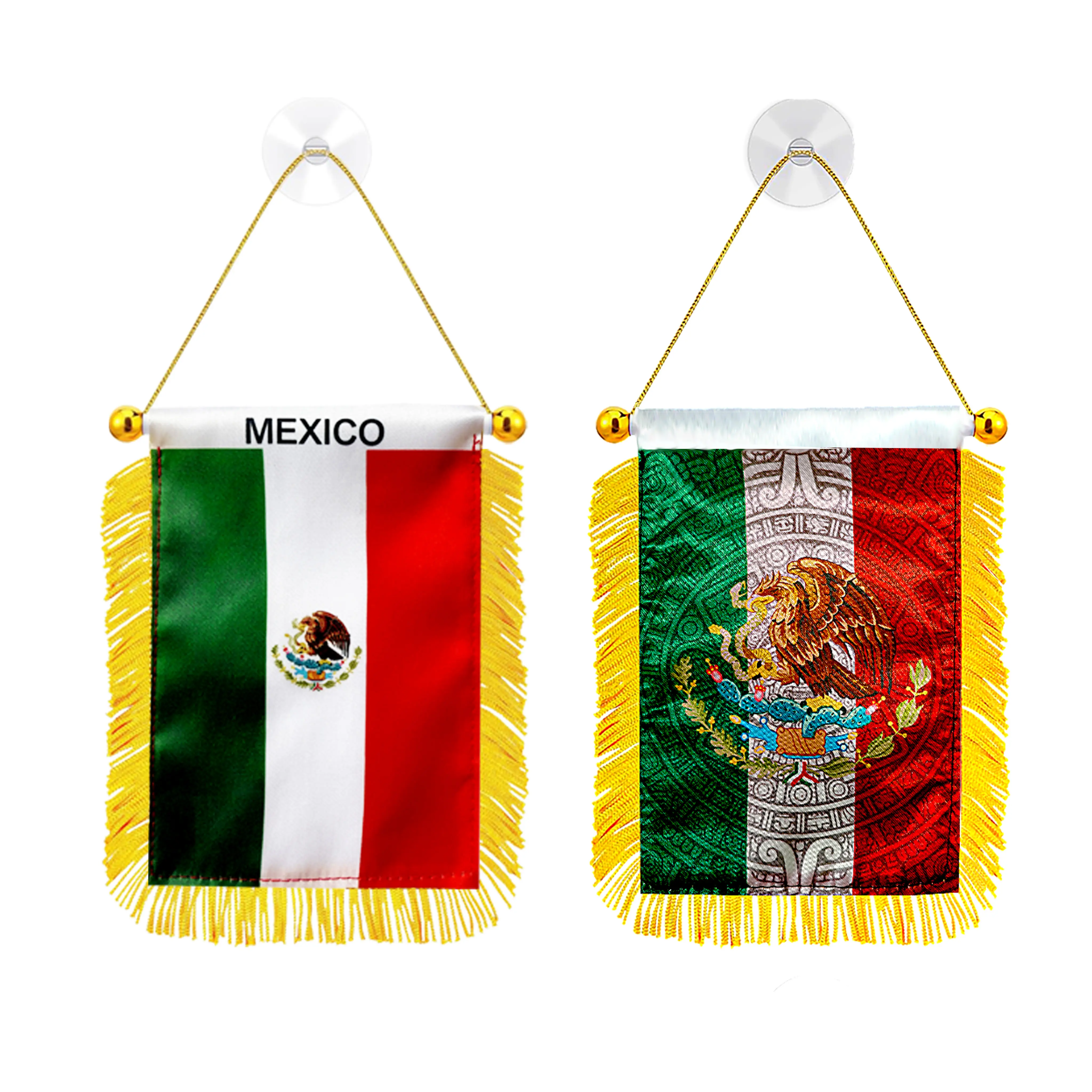 4x6 Inch Mexico Fringed Car Hanging Flag with Suction Cup, 2 Styles Mini Mexican Rearview Mirror Banner, Car Interior Decor, Game Day Accessories, Car Decor Gift