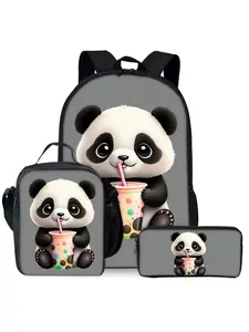 Panda printed backpack three piece set includes lunch bag and pencil case