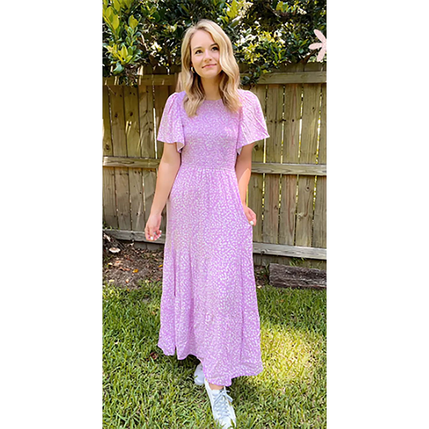 ZESICA Women's 2026 Summer Casual Floral Print Short Flutter Sleeve Crew Neck Smocked High Waist Flowy Maxi Dress