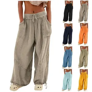Beach Pants Linen Pants Women Wide Leg Harem Pants High Waist Button Drawstring Palazzo Pants Loose plus Size Pant with Pocket