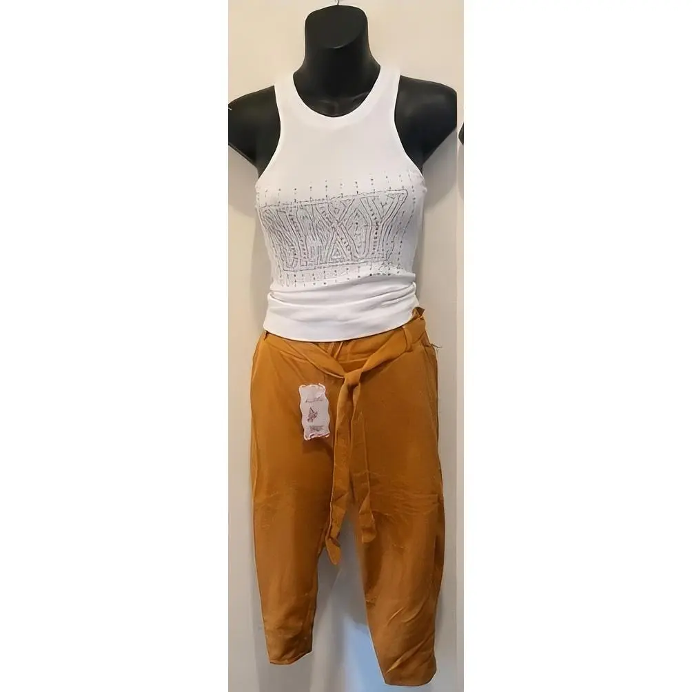 White Embroidered Tank Top & Mustard Yellow Tie-Waist Shorts Set for Women Comfortable & Stylish Outfit