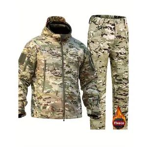 Men's Camo Sharkskin Jacket & Fleece-Lined Pants Set - Windproof, Warm Hooded Outfit for Hiking, Hunting & Outdoor AdventuresGift