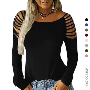 Danedvi Women's Long Sleeve Cold Shoulder Tops Plain Hollow Out Boat Neck Casual Blouses Shirts