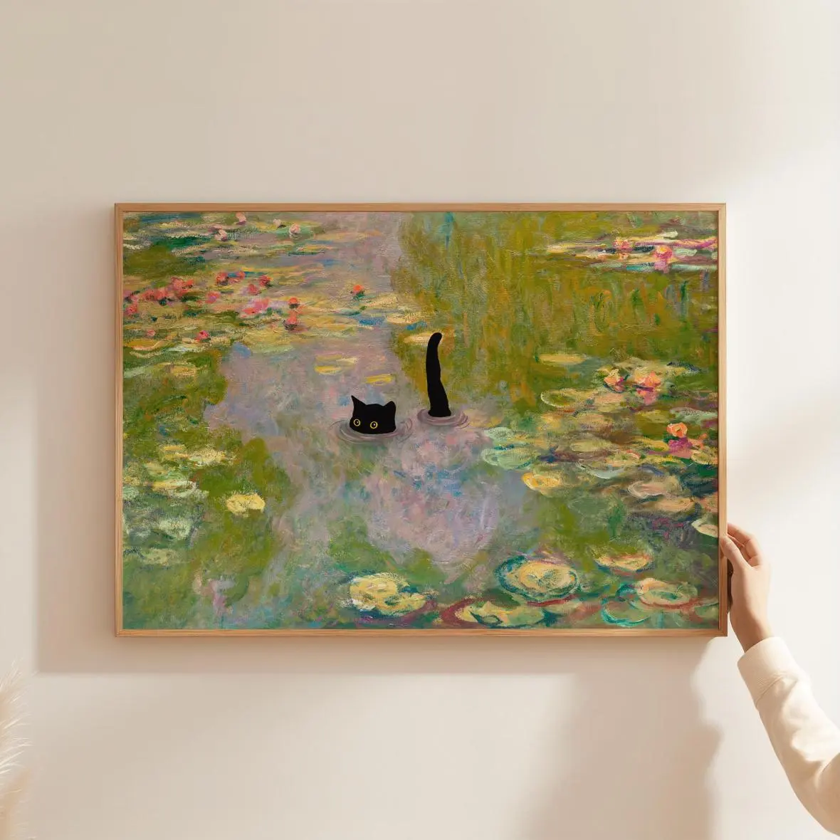 Cat Print Monet Waterlily Funny Gift Poster Black Cat Swimming Wall Art Home Decor, Clean Lines, Minimalist Look, Fresh Styles, Updated for Today
