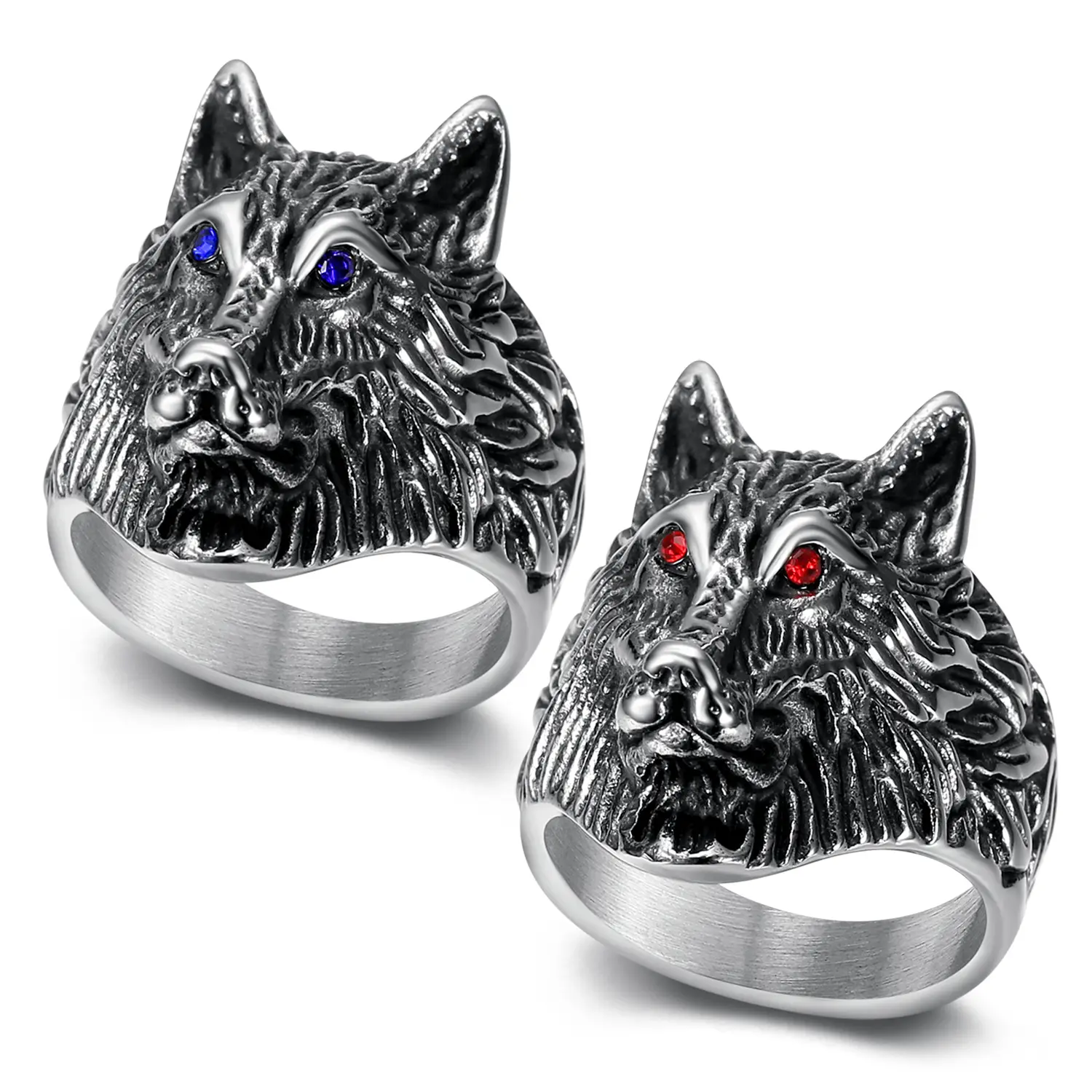 Men's Gothic Stainless Steel Statement Ring Set - Sparkling Zircon Inlay, Wolf Head Design, Emo Hip-hop Streetwear Accessory, Sizes 7-15, Halloween/Birthday Gift