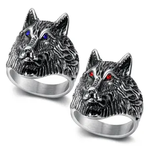 Gothic Domineering Hip-hop Style Wolf King Avatar Synthetic Zircon Stainless Steel Men's Ring Halloween Gift, Holiday Gift Accessories