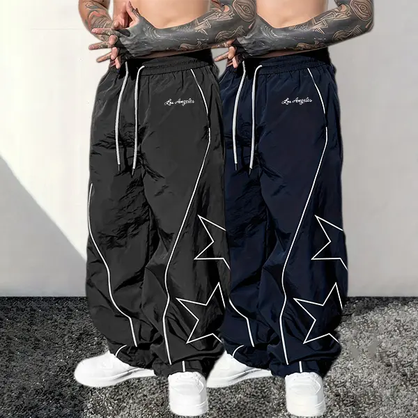 Men’s 2-Pack Street Style Joggers — Elastic Drawstring Waist, Star Print + Contrasting Lines, Essential for Hip-Hop and Everyday Wear