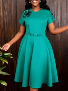 Elegant Women A Line Dress O Neck Short Sleeves 3D Flower Fitted Waist Pleated Hem Work Party Church Wedding Guest Formal Casual Classy Gowns