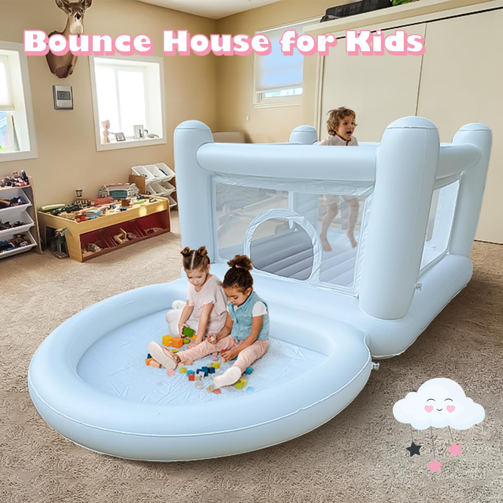 White Bounce House for Kids Indoor Bouncy Castle with Pump Toddler Bounce House PVC Waterproof Materials Easy to Clean Outdoor Toddler Toys White Bounce House With Ball Pit Indoor Playhouse Bouncy Castle  Outdoor Playhouse Inflatable Yard Decorations