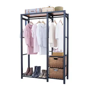 Acacia Wood Garment Racks with Shelves 2 Wicker Drawers and 4 Hooks Heavy Duty Closet Organizer for Hanging Clothes, Freestanding Closet Wardrobe Rack, Vintage Brown